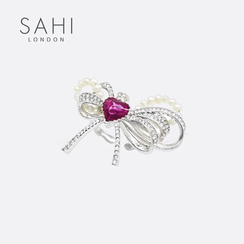 raw gold ring-Sahi Love Heart Enamel Bow Adjustable Ring