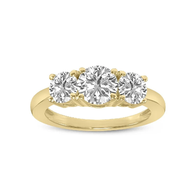 slender birthstone ring-Marquee 1.50 CTW Three Stone Round Cut Lab Grown Diamond Ring in 14K Yellow Gold