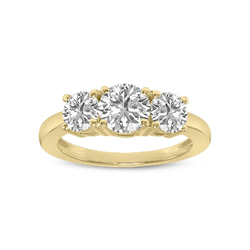 sturdy statement ring-Marquee 2 CTW Three Stone Round Cut Lab Grown Diamond Ring in 14K Yellow Gold