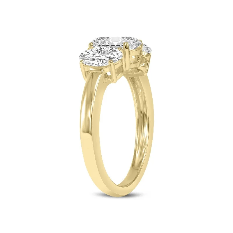 ripple-shaped topaz ring-Marquee 3/4 CTW Three Stone Oval Shape Lab Grown Diamond Ring in 14K Yellow Gold