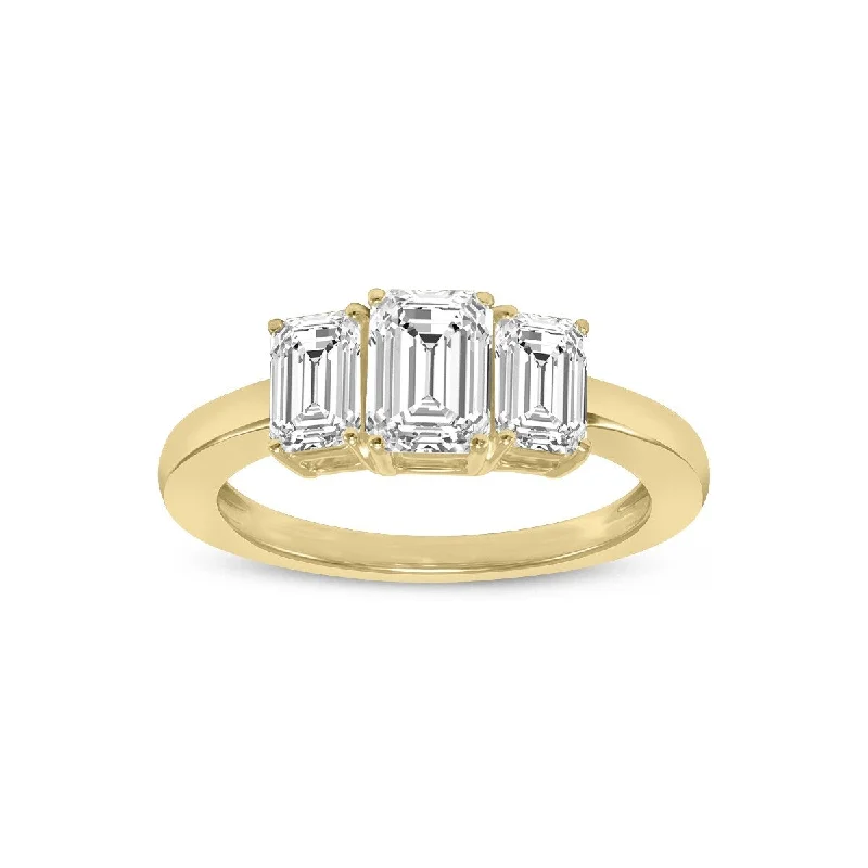 slender stacking ring-Marquee 4 CTW Three Stone Emerald Cut Lab Grown Diamond Ring in 14K Yellow Gold