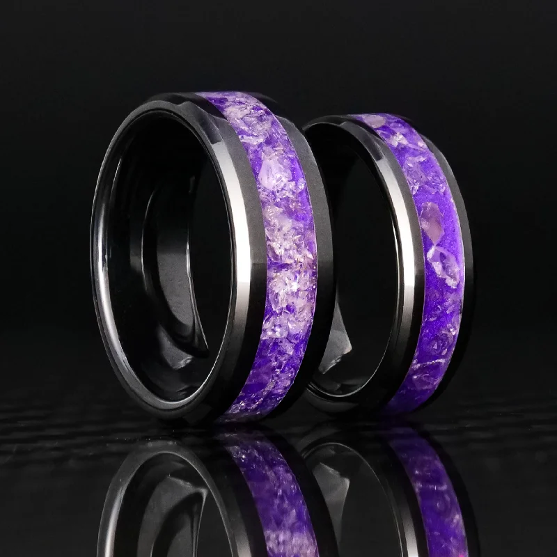 adaptable silver ring-Matching Amethyst Glowstone Ring on Black Ceramic