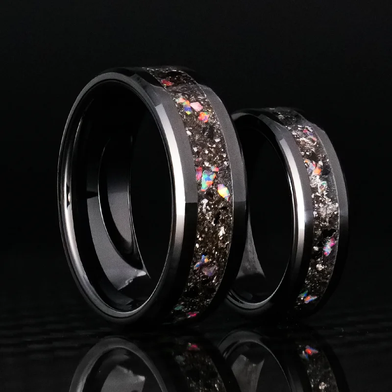 rose gold seven-band ring-Matching Black Tourmaline Glowstone Ring on Black Ceramic