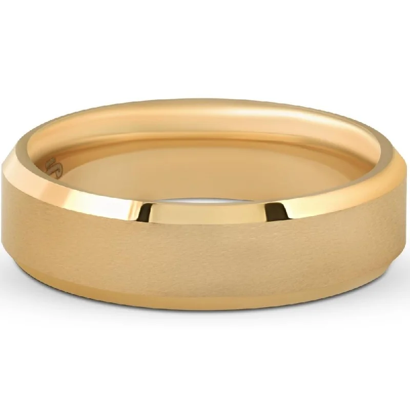 chiseled couple ring-Mens Gold Plated Tungsten Ring 6mm Comfort Fit Brushed Beveled Edge Wedding Band