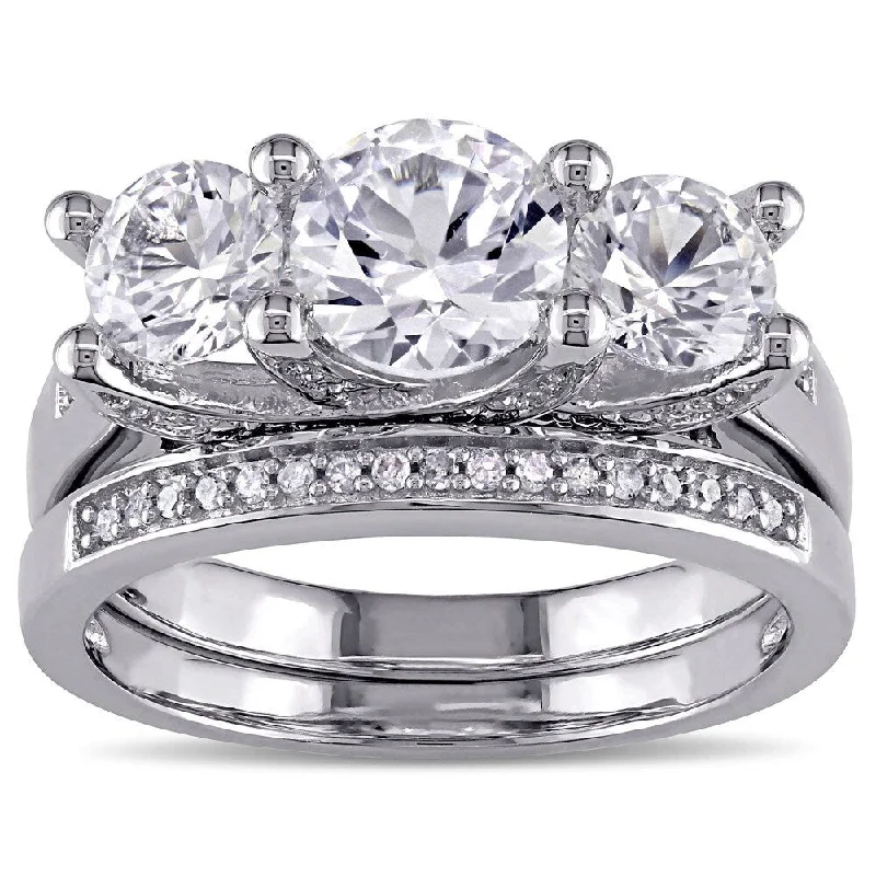 sturdy statement ring-Miadora Created White Sapphire and 1/10ct TDW Diamond 3-Stone Bridal Set in 10k White Gold