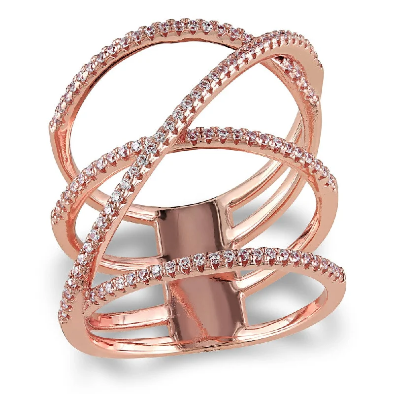 fluid stacking ring-Miadora Rose Gold Plated Sterling Silver Cubic Zirconia Multi-Row Crossover Statement Ring