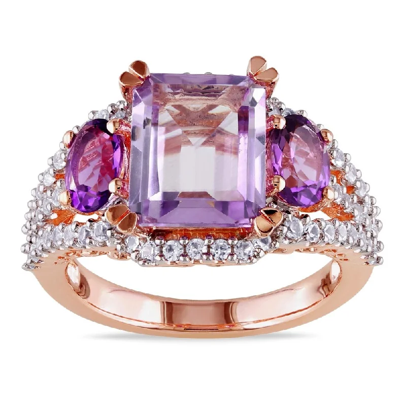 lustrous gold ring-Miadora Rose-plated Silver Created White Sapphire, Rose de France and Amethyst Ring