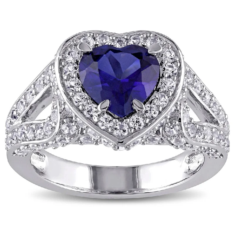 gothic diamond ring-Miadora Sterling Silver Created Blue and White Sapphire Split Shank Heart Halo Ring