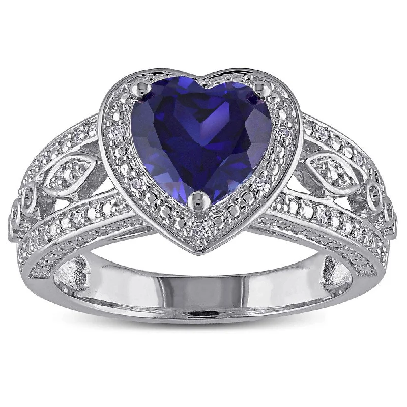 custom orbit ring-Miadora Sterling Silver Created Blue Sapphire and 1/10ct TDW Diamond Heart Halo Ring