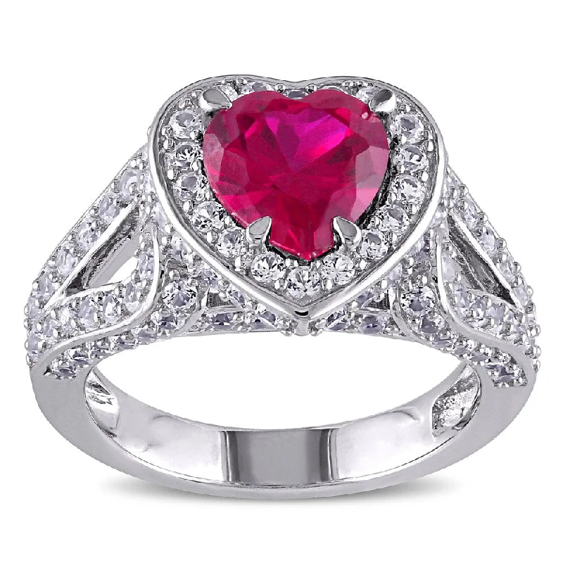 engraved name ring-Miadora Sterling Silver Created Ruby and Created White Sapphire Heart Ring