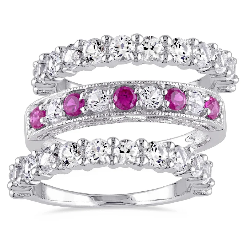 aquamarine eternity ring-Miadora Sterling Silver Created Ruby and White Sapphire 3-Piece Semi-Eternity Milgrain Ring Set - Red