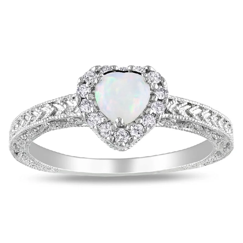 morganite promise ring-Miadora Sterling Silver Opal and 1/6ct TDW Diamond Heart Ring (H-I, I2-I3)