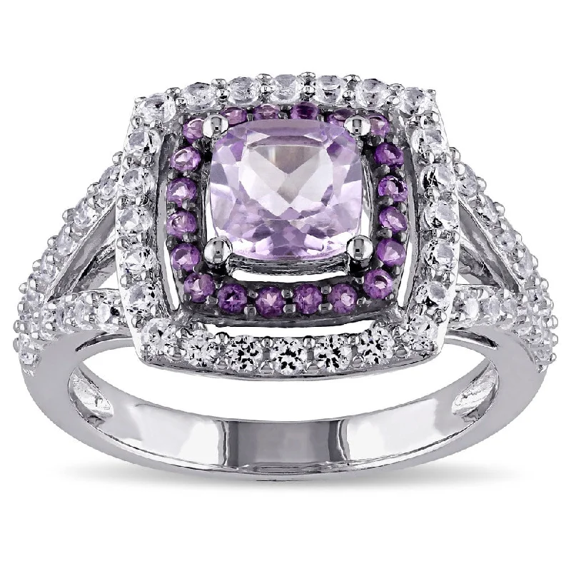 faceted gemstone ring-Miadora Sterling Silver Rose de France African Amethyst Created White Sapphire Cocktail Ring