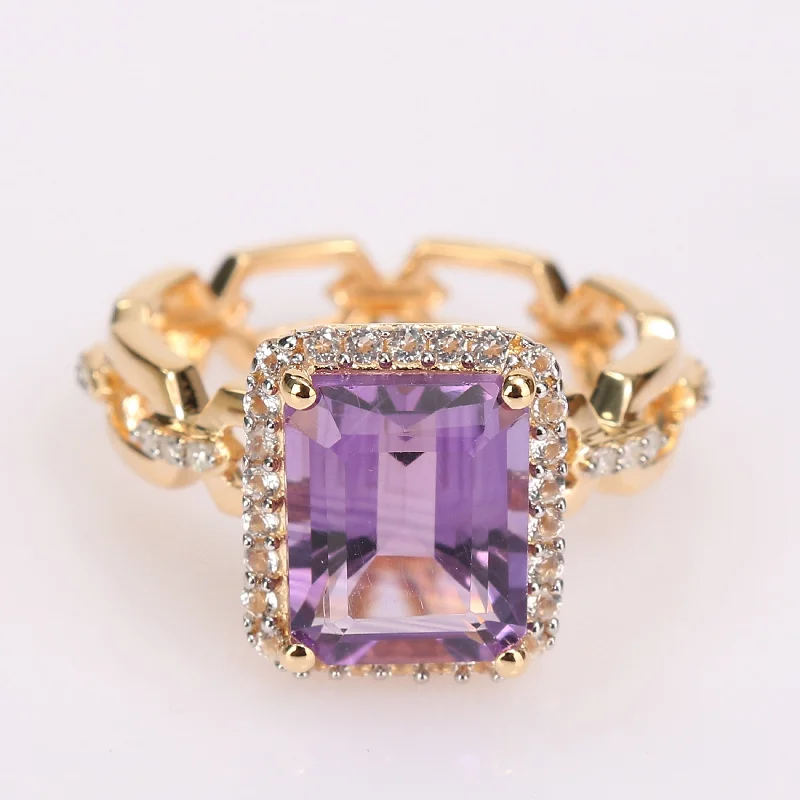 topaz band ring-Miadora Yellow Plated Sterling Silver Amethyst, White Topaz & Diamond Accent Halo Link Cocktail Ring