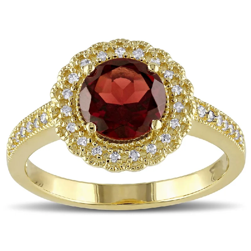 gothic silver ring-Miadora Yellow Plated Sterling Silver Garnet and 1/8ct TDW Diamond Halo Ring (G-H, I2-I3) - Red