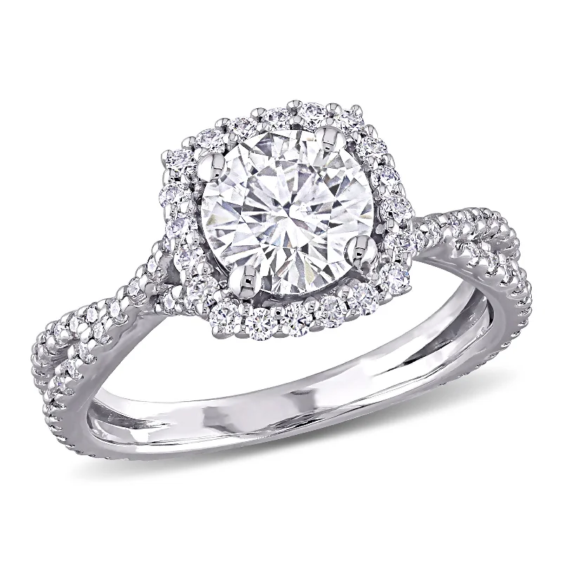 slender diamond ring-Mimi & Max 1 1/2ct DEW Created Moissanite Square Halo Crossover Engagement Ring in 10k White Gold