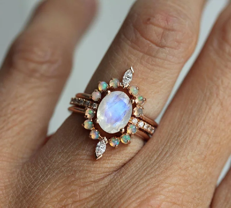 rose gold aquamarine ring-Dream Moonstone Ring Set, Engagement Ring