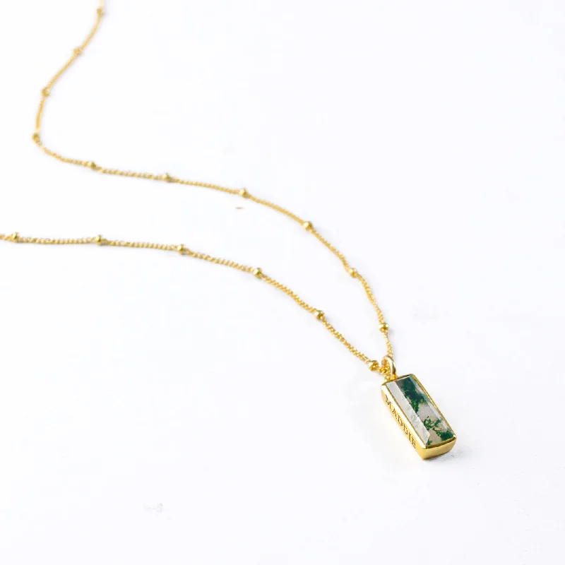 slender birthstone necklace-Moss Agate Vertical Bar Necklace : Adira Series