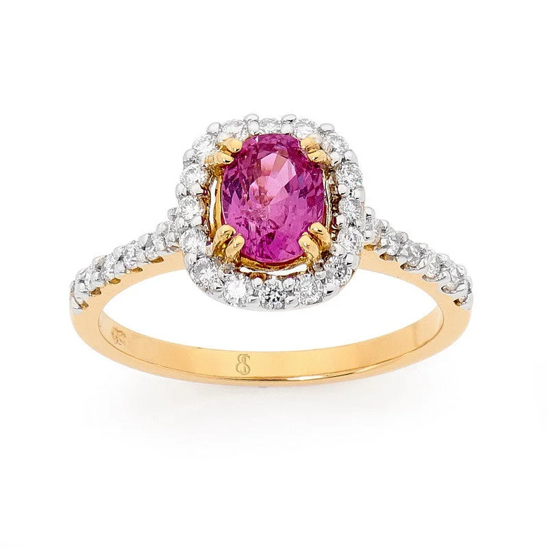 interlocked love ring-Oval Pink Sapphire ring with Diamond halo and shoulders