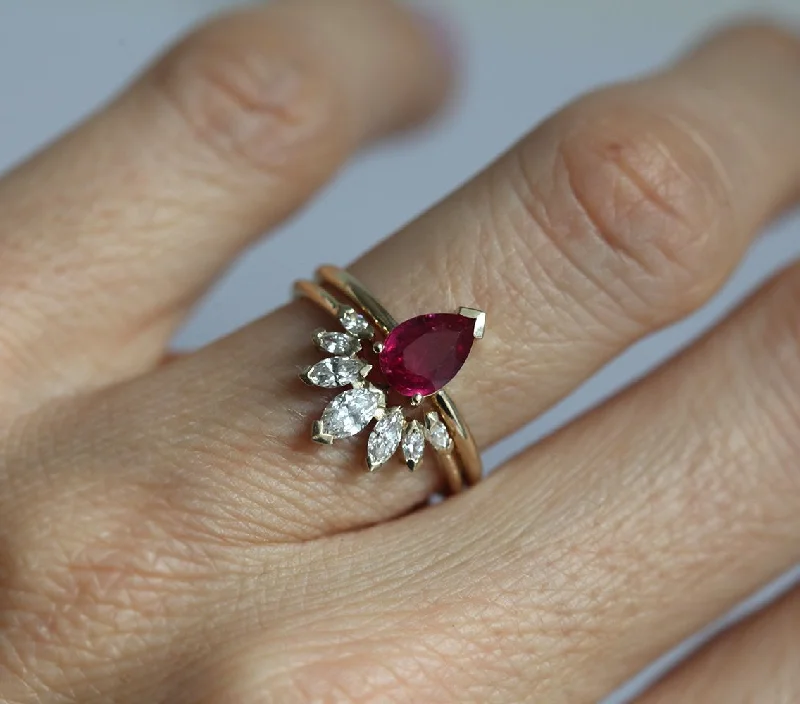 raw silver ring-Korina Natural Pear Ruby Engagement Set With Diamond Crown Ring