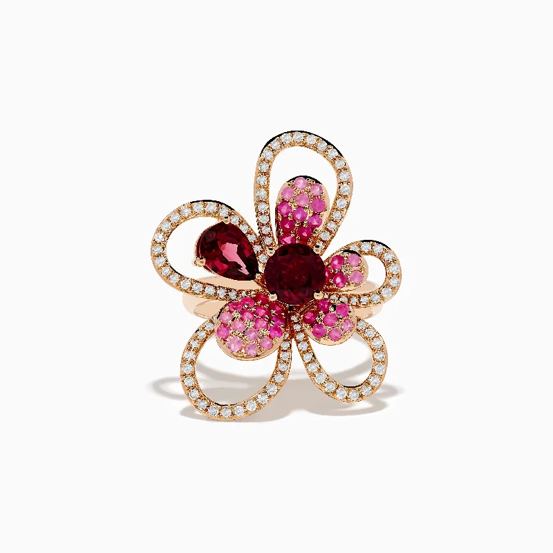 pentagon-shaped ring-Nature 14K Rose Gold Pink Sapphire Rhodolite and Diamond Ring