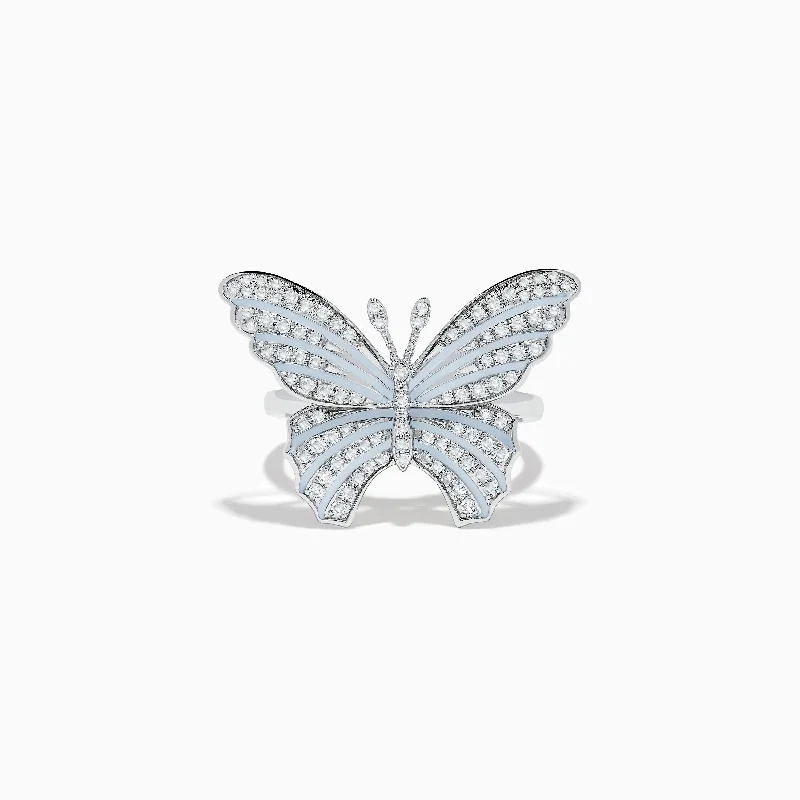 seven-gem ring-Nature 14K White Gold Diamond with White Enamel Butterfly Ring