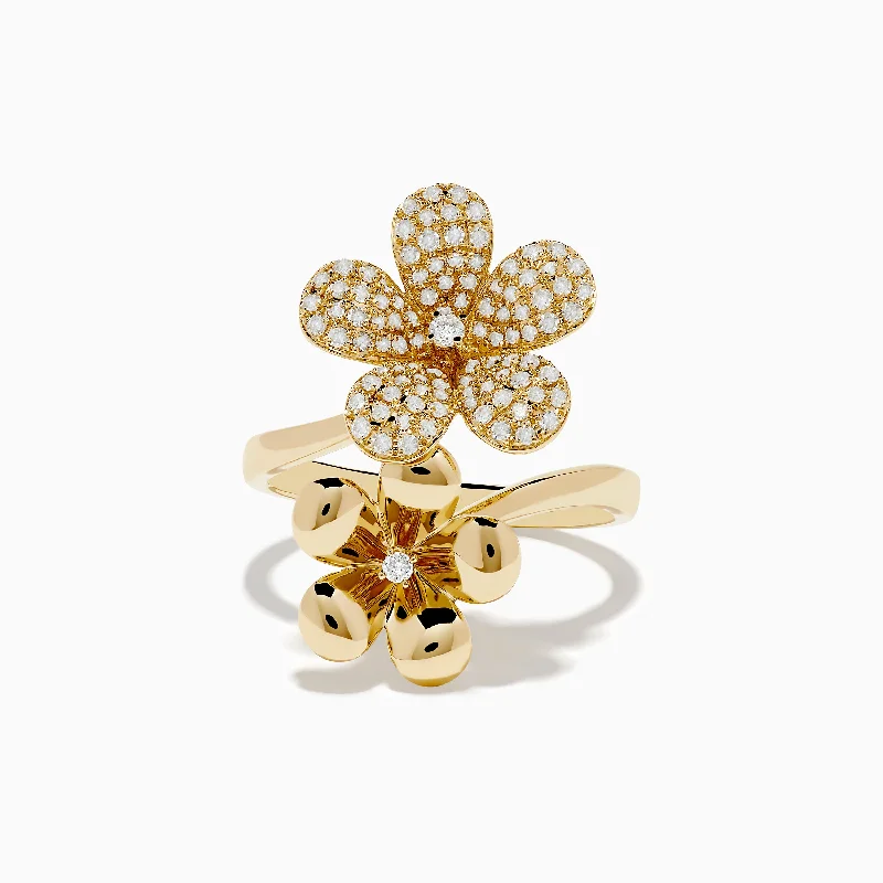 floral-themed stack ring-Nature 14K Yellow Gold Diamond Flower Duet Ring