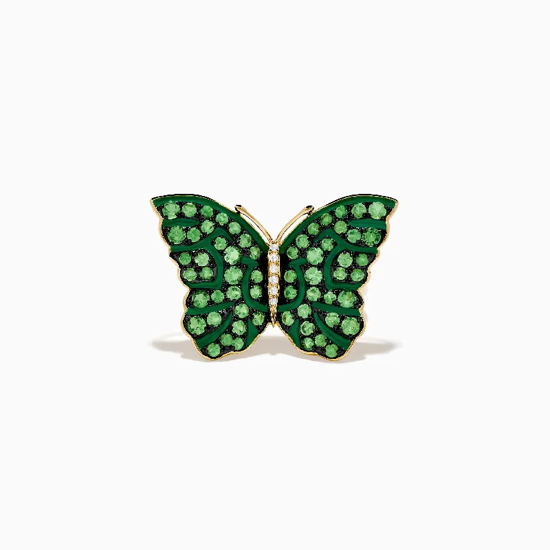 chiseled gemstone ring-Nature 14K Yellow Gold Tsavorite and Diamond Butterfly Ring