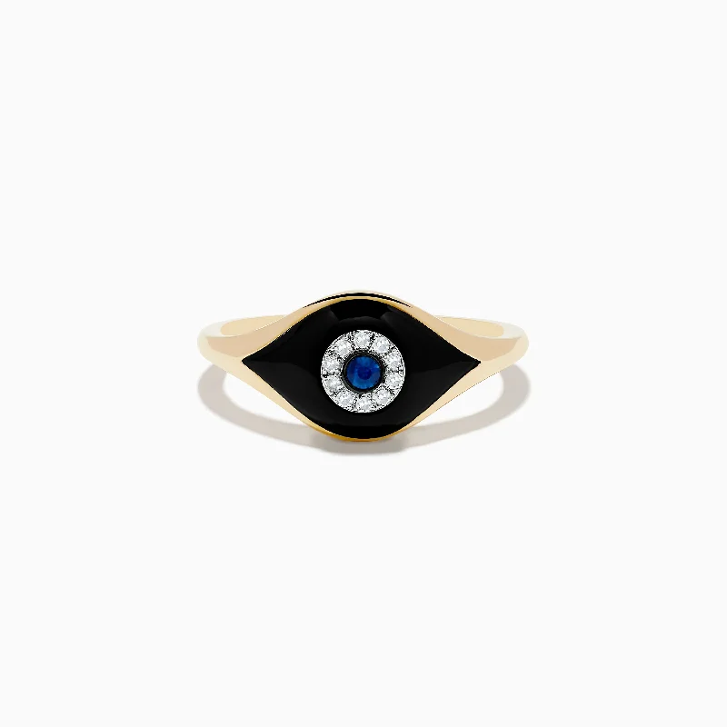 drifter turquoise band ring-Novelty 14K Yellow Gold Sapphire Agate and Diamond Evil Eye Ring