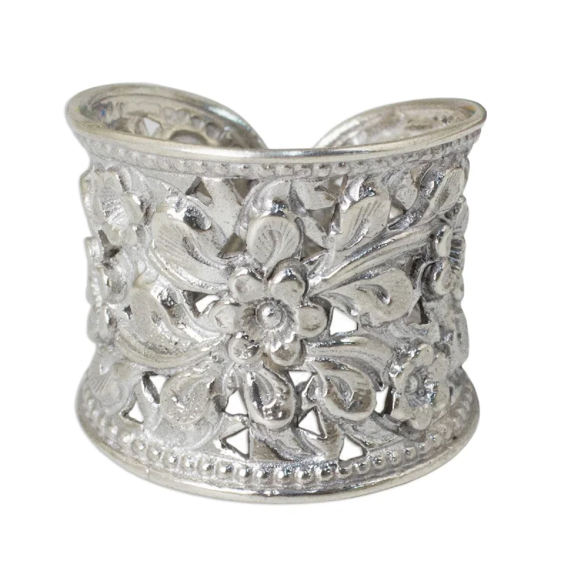 chiseled monogram ring-Novica Handmade Mae Ping Jasmine Sterling Silver Flower Ring