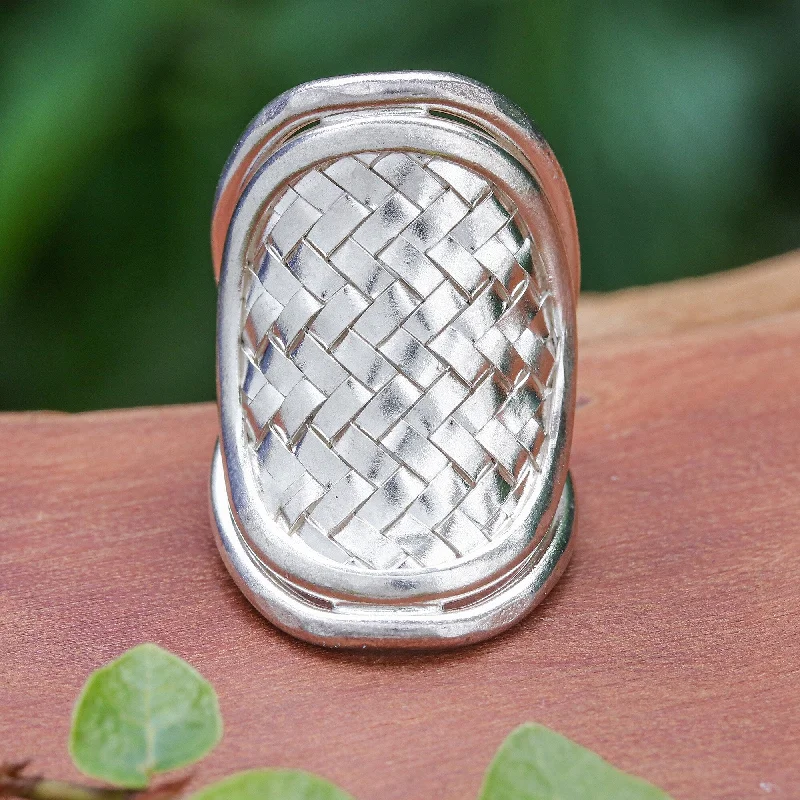 ancestral pearl ring-Novica Handmade Woven Rapture Sterling Silver Cocktail Ring