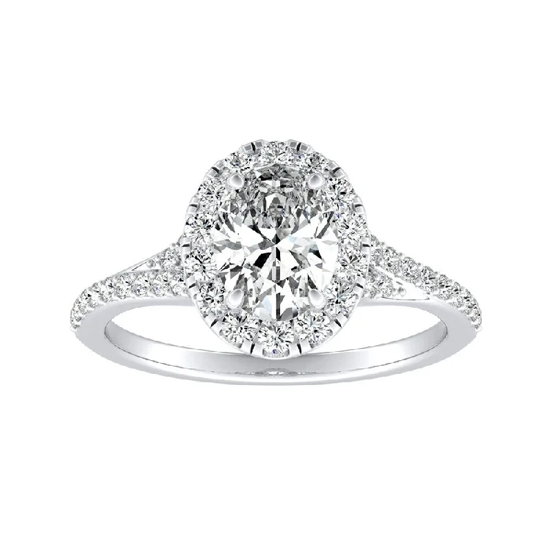 engraved name ring-Oval Shape 3/4cttw Platinum Halo Diamond Engagement Ring by Auriya