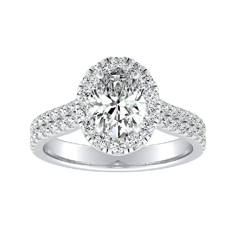 seven-stone ring-Oval Shape Halo Diamond Engagement Ring 7/8ctw 14k Gold