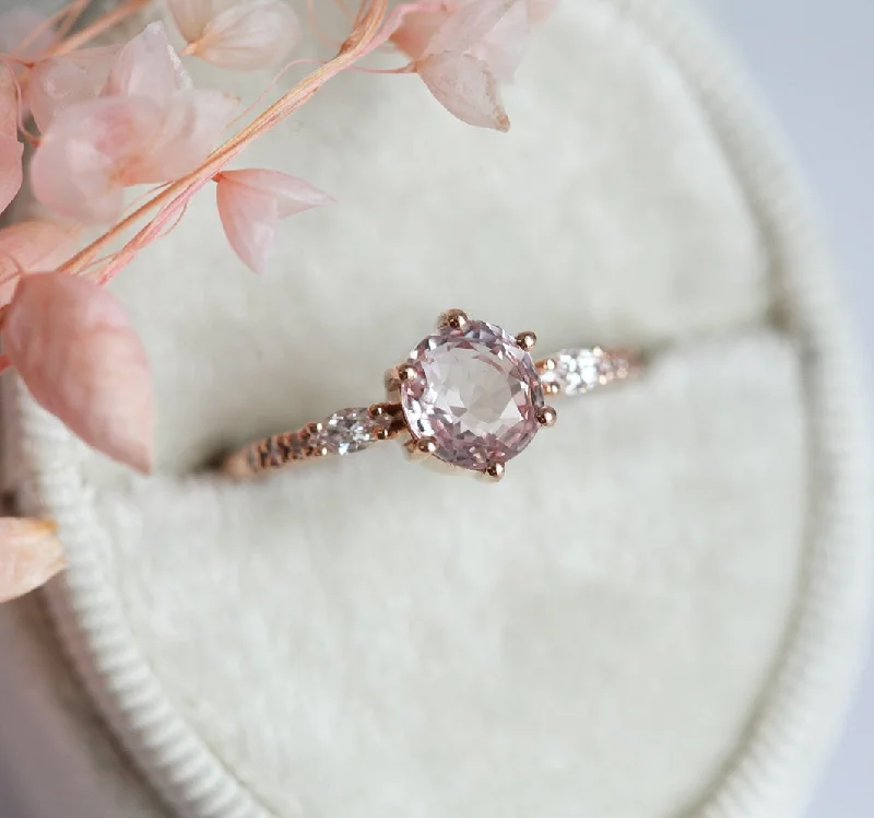 ripple gemstone ring-Round Peach Sapphire And Diamond Engagement Ring Set