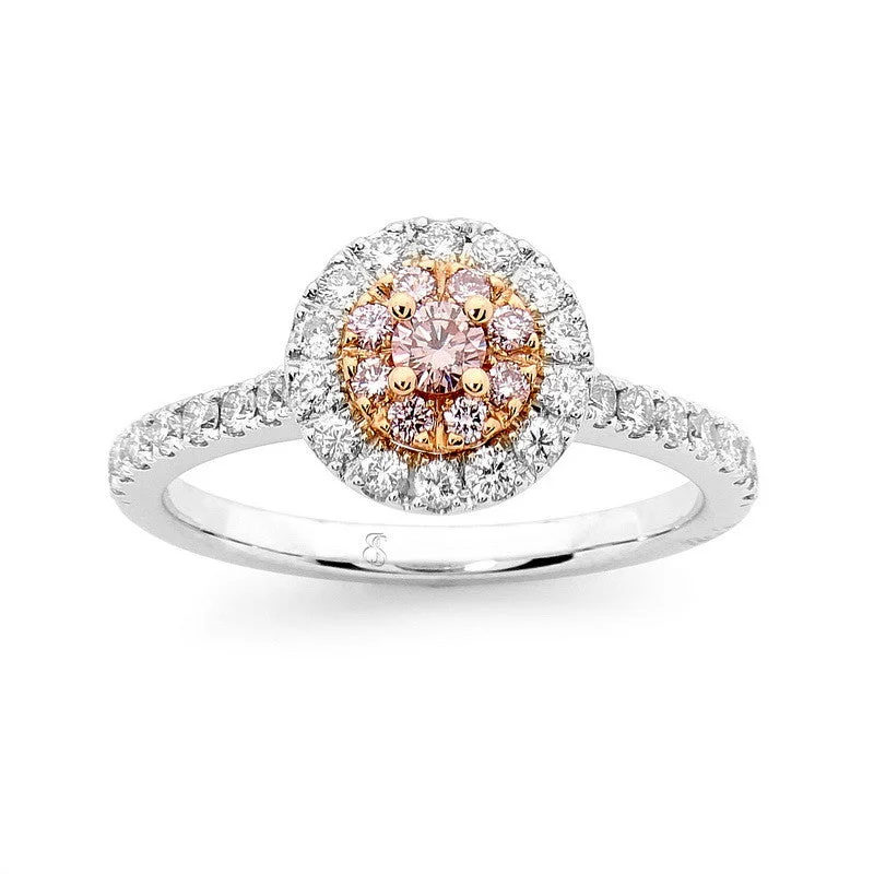 slender diamond ring-Pink diamond cluster centre with white halo & diamond shoulders ring