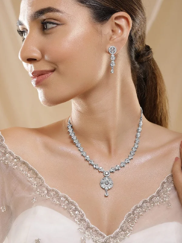 adaptable birthstone necklace-Premium Rhodium Plated White Cubic Zirconia Studded Necklace Set with Floral Design