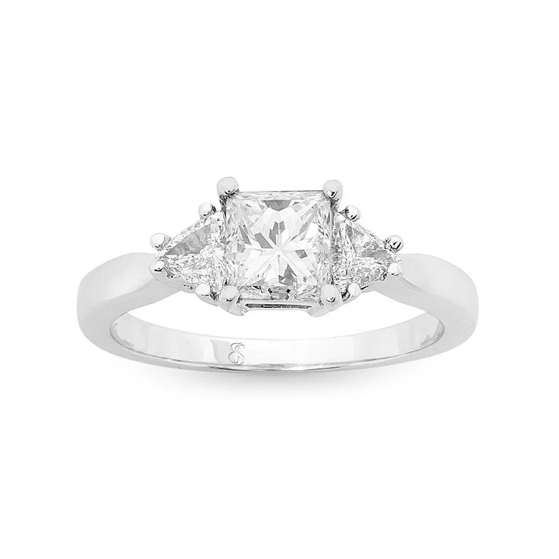 morganite silver ring-Princess and Trilliant Cut Diamond Trilogy Ring