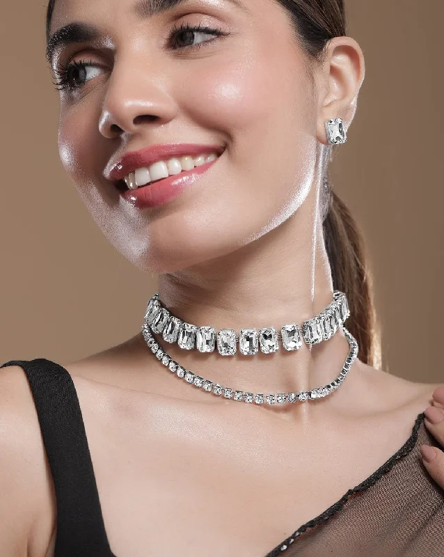 aquamarine drop necklace-Rhodium Plated Crystal AD & Cubic Zirconia Studded Luxurious Necklace Set