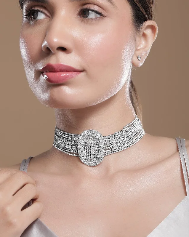 raw silver necklace-Rhodium Plated Crystal AD & Zirconia Studded Multi-Strand Statement Choker Necklace