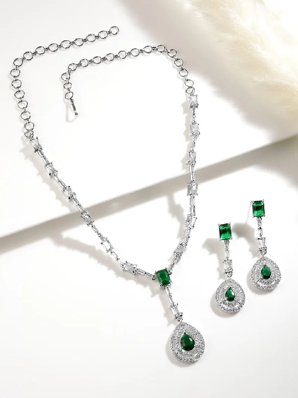 retro pearl pendant necklace-Rhodium Plated Emerald Teardrop Pendant Necklace Set with AD & Cubic Zirconia Studded