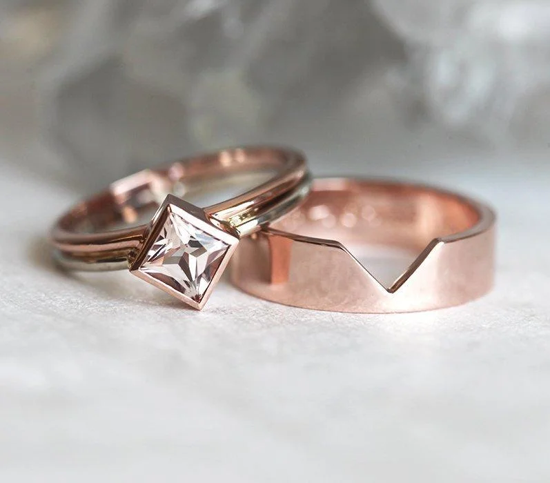 chunky silver ring-Peach Morganite Engagement Ring Set With Wide Band