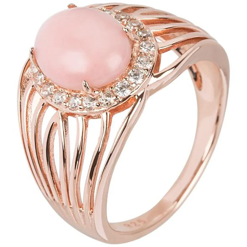 tech gold ring-Rose Gold Over Sterling Silver Pink Opal and White Natural Zircon Ring