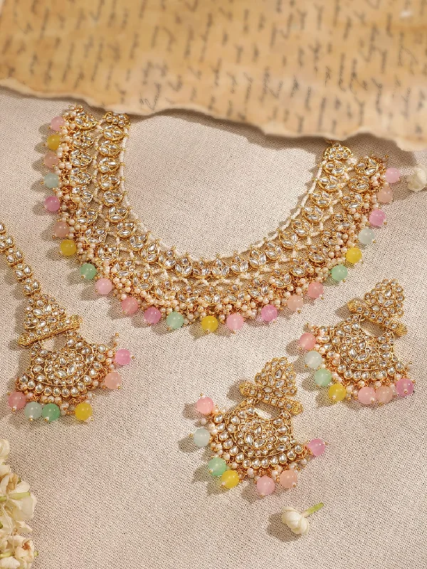 sprig gold necklace-Rubans 22K Gold plated Kundan studded multicolour beaded chandbali motif Statement Necklace Set