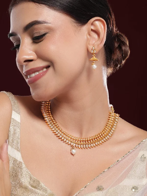 sprig charm necklace-Rubans 22K Gold-Plated White Kundan & Pearl Drop Traditional Jewellery Set