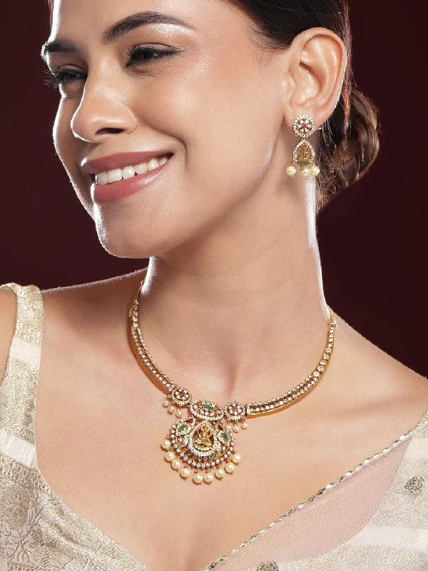 gleaming drop necklace-Rubans 22KT Gold-Plated Cubic Zirconia Studded & Beaded Lakshmi Goddess Jewellery Set