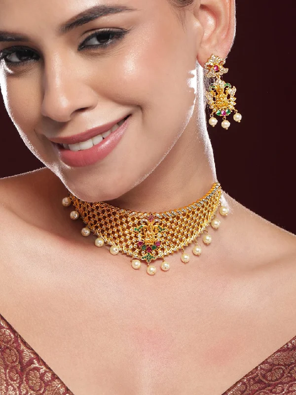 chiseled layered necklace-Rubans 22KT Gold-Plated CZ Stone Studded & Beaded Divine Lakshmi Goddess Jewellery Set