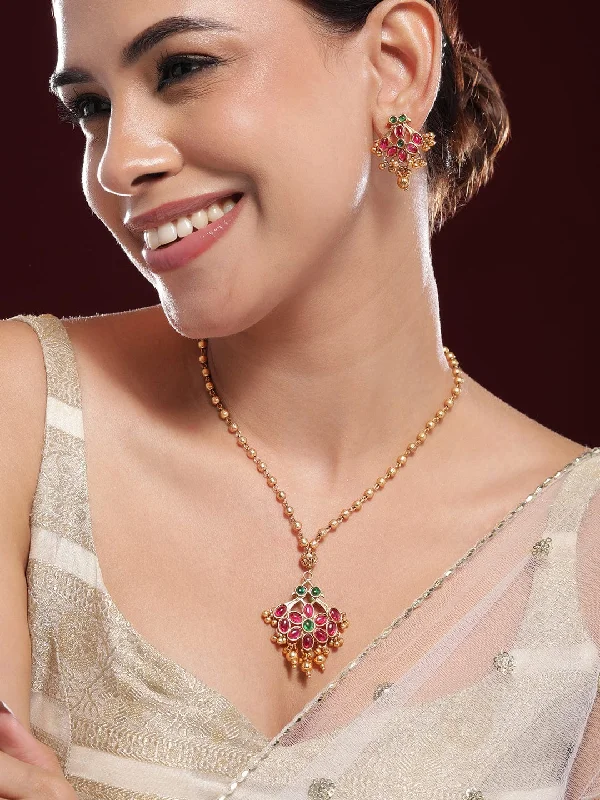 ripple-shaped necklace-Rubans 22KT Gold-Plated Kundan Stone Studded Jewellery Set