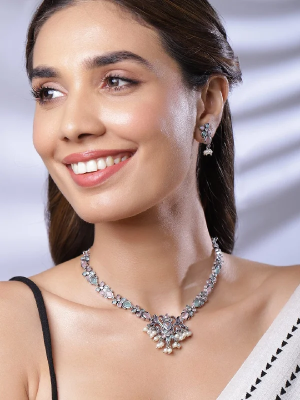 sturdy statement necklace-Rubans Rhodium Plated Floral Stones Studded Jewellery Set