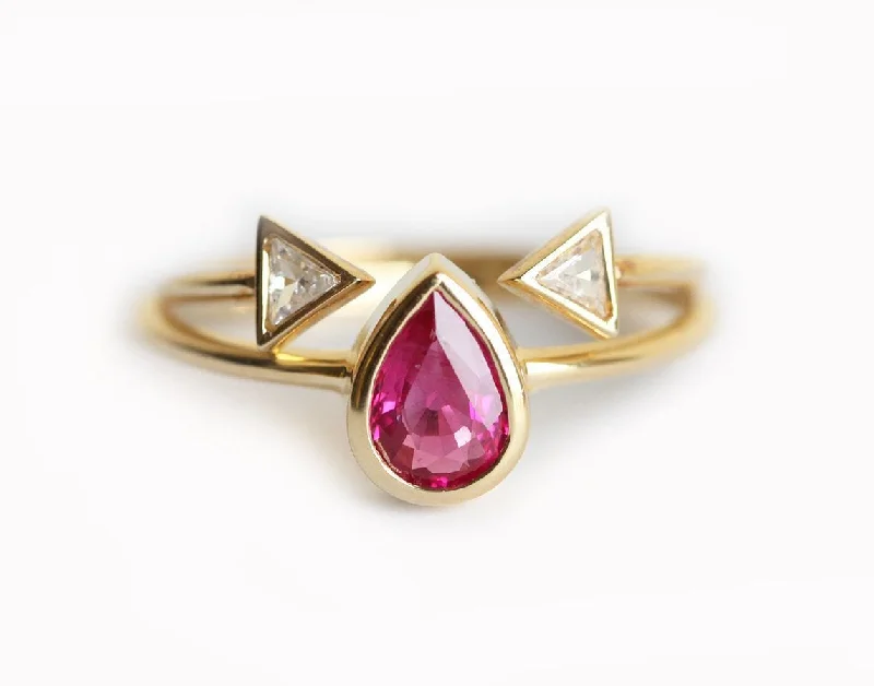 furrowed silver ring-Ruby Engagement Ring, Open Triangle Diamond Band