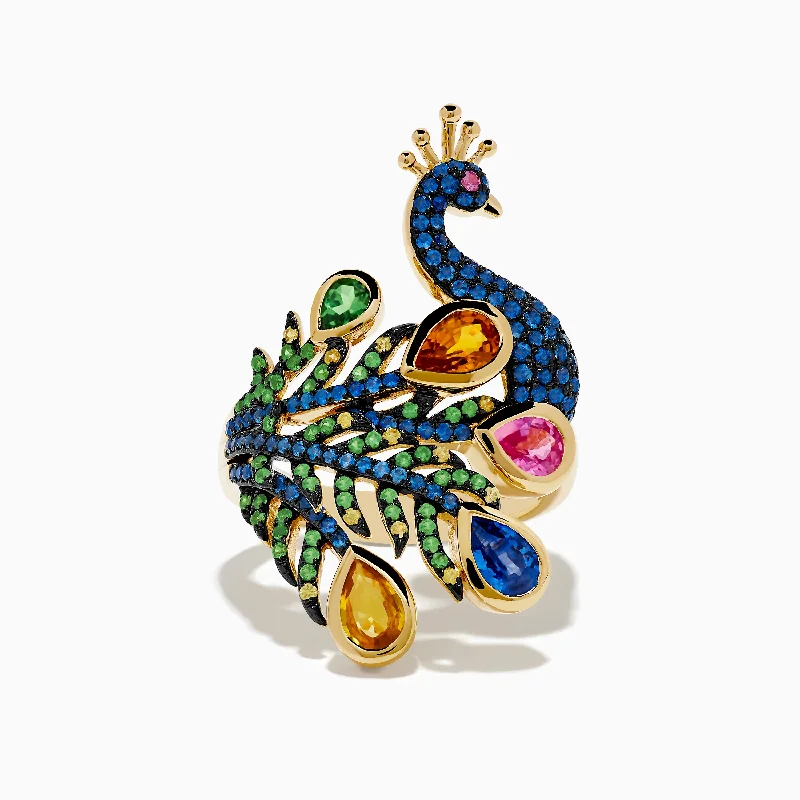 chiseled letter ring-Safari 14K Yellow Gold Multi Sapphire Peacock Ring